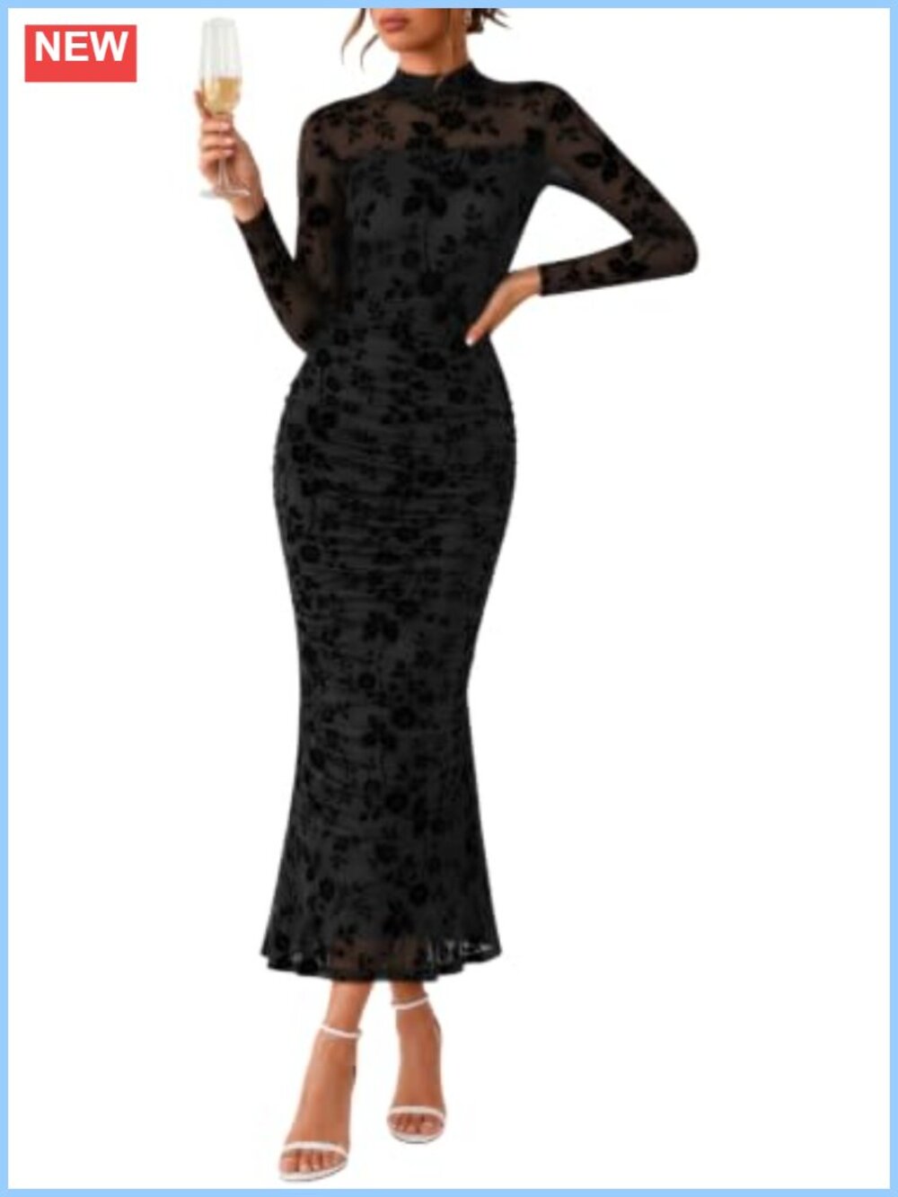 Long Sleeve Floral Bodycon Ruched Mesh Maxi Dress Wedding Guest Formal